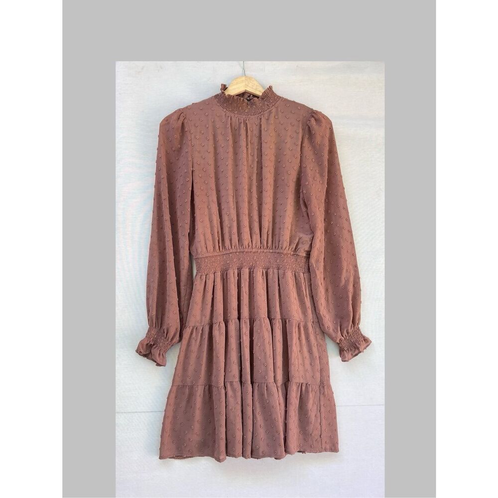 Sweet Wanderer Women Swiss Dot Smocked Waist Ruffled Skirt Long Sleeve Dress S